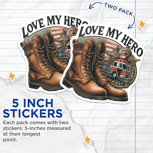 (2 Pack) Love My Hero Stickers - Patriotic Boots - Firefighter Hero - Honoring Bravery - 5" On Longest Side - Sticks to Smooth Flat Surfaces - Made in USA - BMCS7254