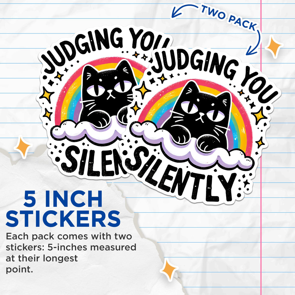 (2 Pack) Judging You Silently Stickers - Funny Cat Stickers - Rainbow Cat Stickers - Humor Stickers for Laptops - 5" On Longest Side - Sticks to Any Smooth Flat Surface - Made in USA - BMCS2786