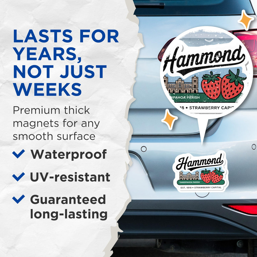 (2 Pack) Hammond Louisiana Magnets - Strawberry Capital - Tangipahoa Parish Souvenir - 5" On Longest Side - Premium Magnet - for Cars, Refrigerators, Toolboxes, Lockers - Made in USA - MAG17946
