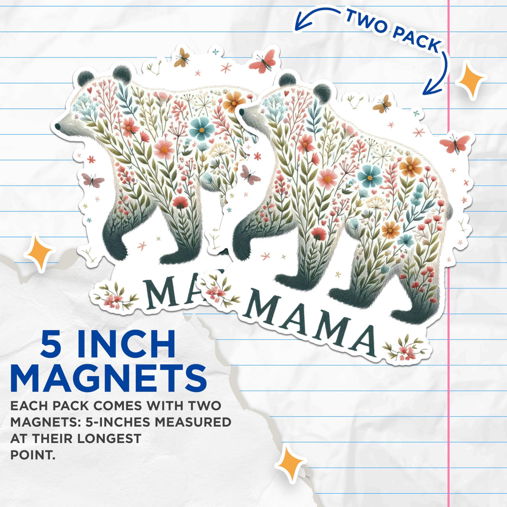 (2 Pack) Mama Bear Magnets - Floral Mama Bear Magnets - Cute Mama Bear Refrigerator Magnets- 5" On Longest Side - for Fridges, Toolboxes, Cars - Made in USA - MAG2895