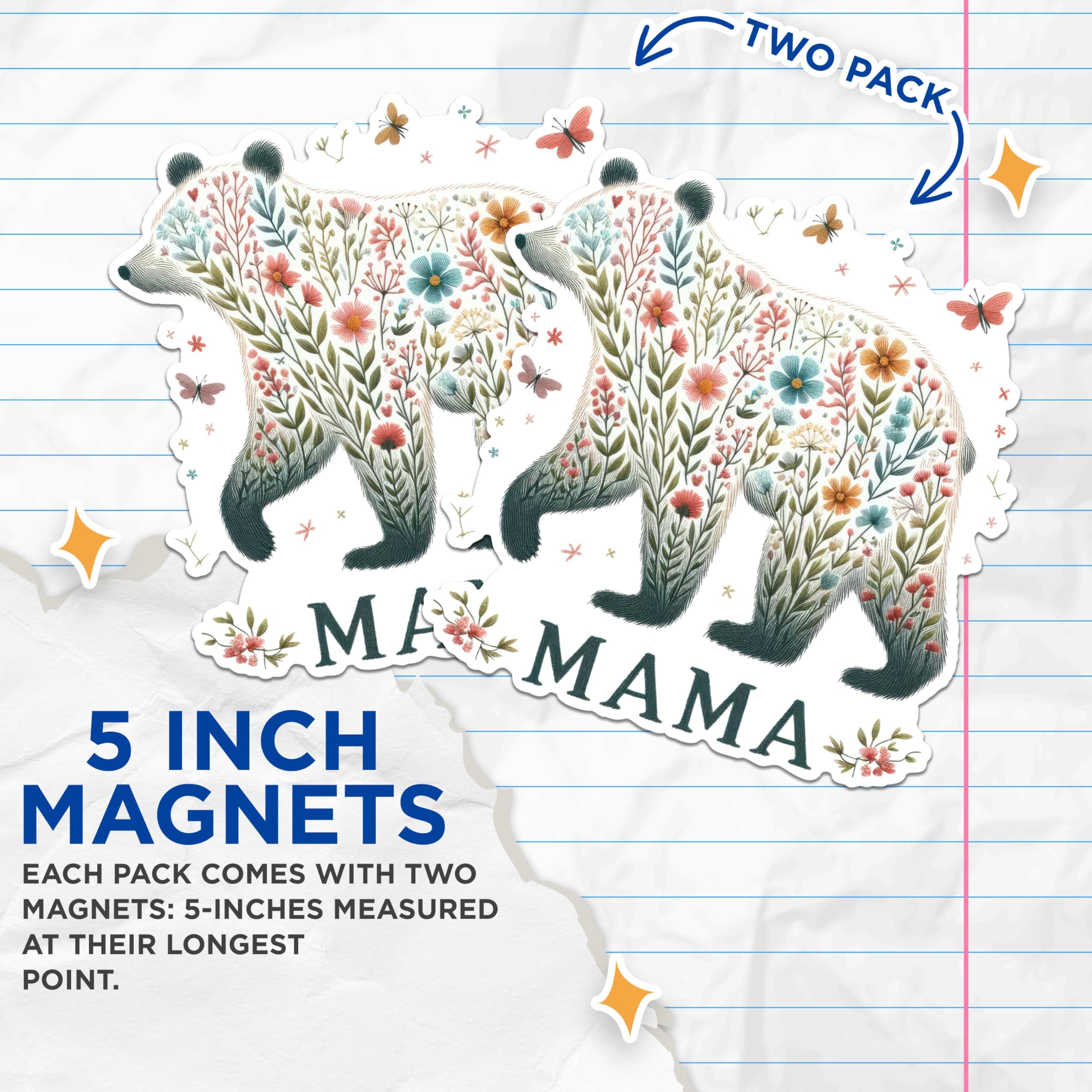 (2 Pack) Mama Bear Magnets - Floral Mama Bear Magnets - Cute Mama Bear Refrigerator Magnets- 5" On Longest Side - for Fridges, Toolboxes, Cars - Made in USA - MAG2895