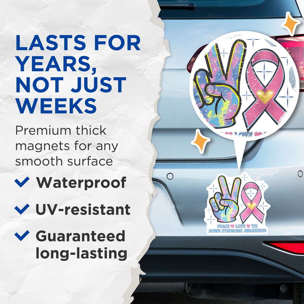 (2 Pack) Down Syndrome Awareness Magnets - T21 Support Peace Sign - Ribbon Advocacy - Trisomy 21 Gifts - Special Needs - 5 Inches On Longest Side - Thick Durable Magnet - Made in USA - MAG37580