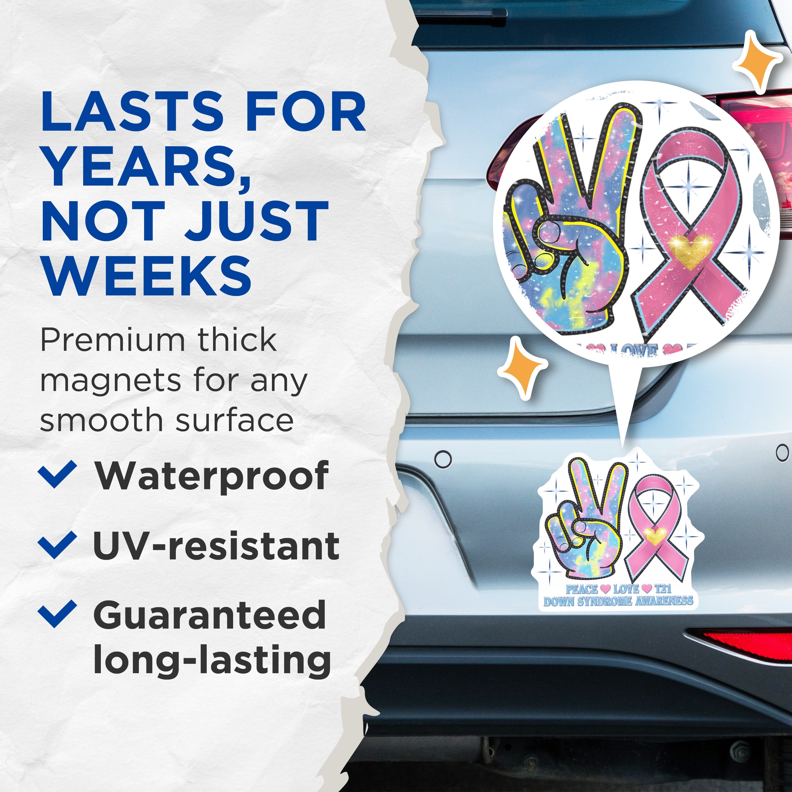 (2 Pack) Down Syndrome Awareness Magnets - T21 Support Peace Sign - Ribbon Advocacy - Trisomy 21 Gifts - Special Needs - 5 Inches On Longest Side - Thick Durable Magnet - Made in USA - MAG37580