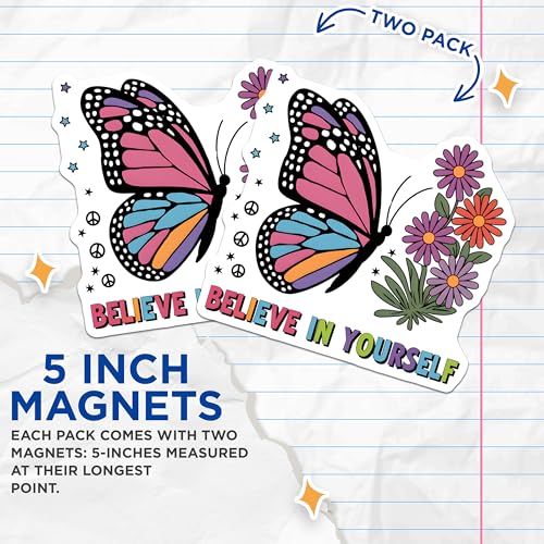 (2 Pack) Butterfly and Flower Magnets - Inspirational Quote - Colorful Butterfly - Believe in Yourself - 5" On Longest Side - for Cars, Fridges, Toolboxes - Made in USA - MAG4559