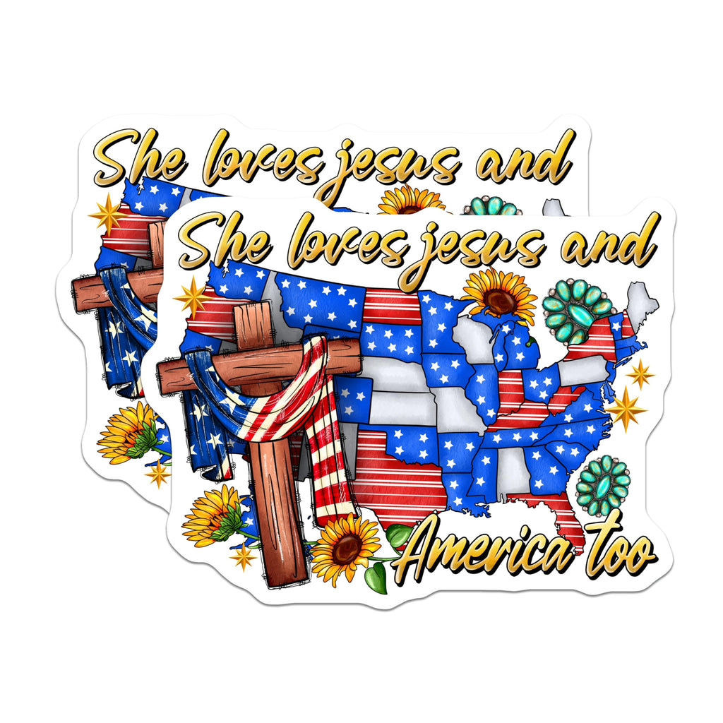 (2 Pack) She Loves Jesus America Magnets - Patriotic Christian Faith Decor - Southern Style Cross Sunflower - 5 Inches On Longest Side - Thick Durable Magnet - Made in USA - MAG30049