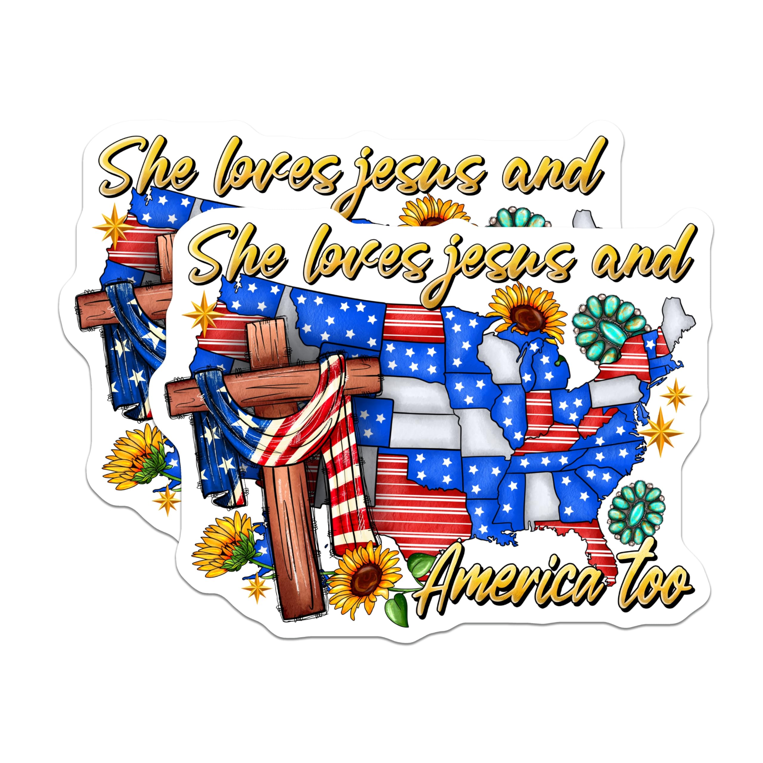 (2 Pack) She Loves Jesus America Magnets - Patriotic Christian Faith Decor - Southern Style Cross Sunflower - 5 Inches On Longest Side - Thick Durable Magnet - Made in USA - MAG30049