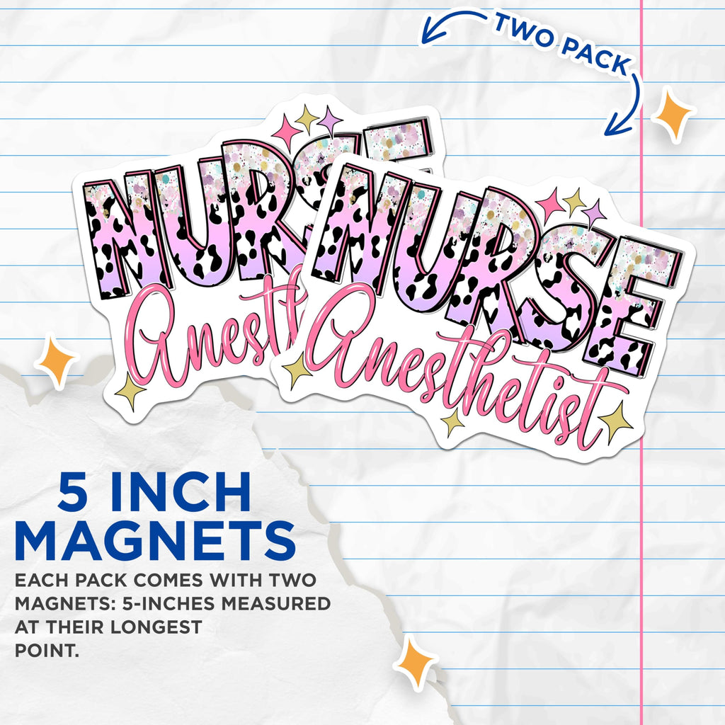 (2 Pack) Nurse Anesthetist Magnets - CRNA Appreciation Decor - Healthcare Worker Pink Cow Print - 5 Inches On Longest Side - Thick Durable Magnet - Made in USA - MAG19232