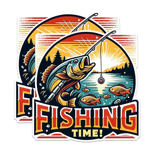(2 Pack) Fishing Time Stickers - Outdoor Adventure Stickers - Fish Design Stickers - Outdoor Enthusiast Stickers - 5" On Longest Side - Sticks to Any Smooth Flat Surface - Made in USA - BMCS2616