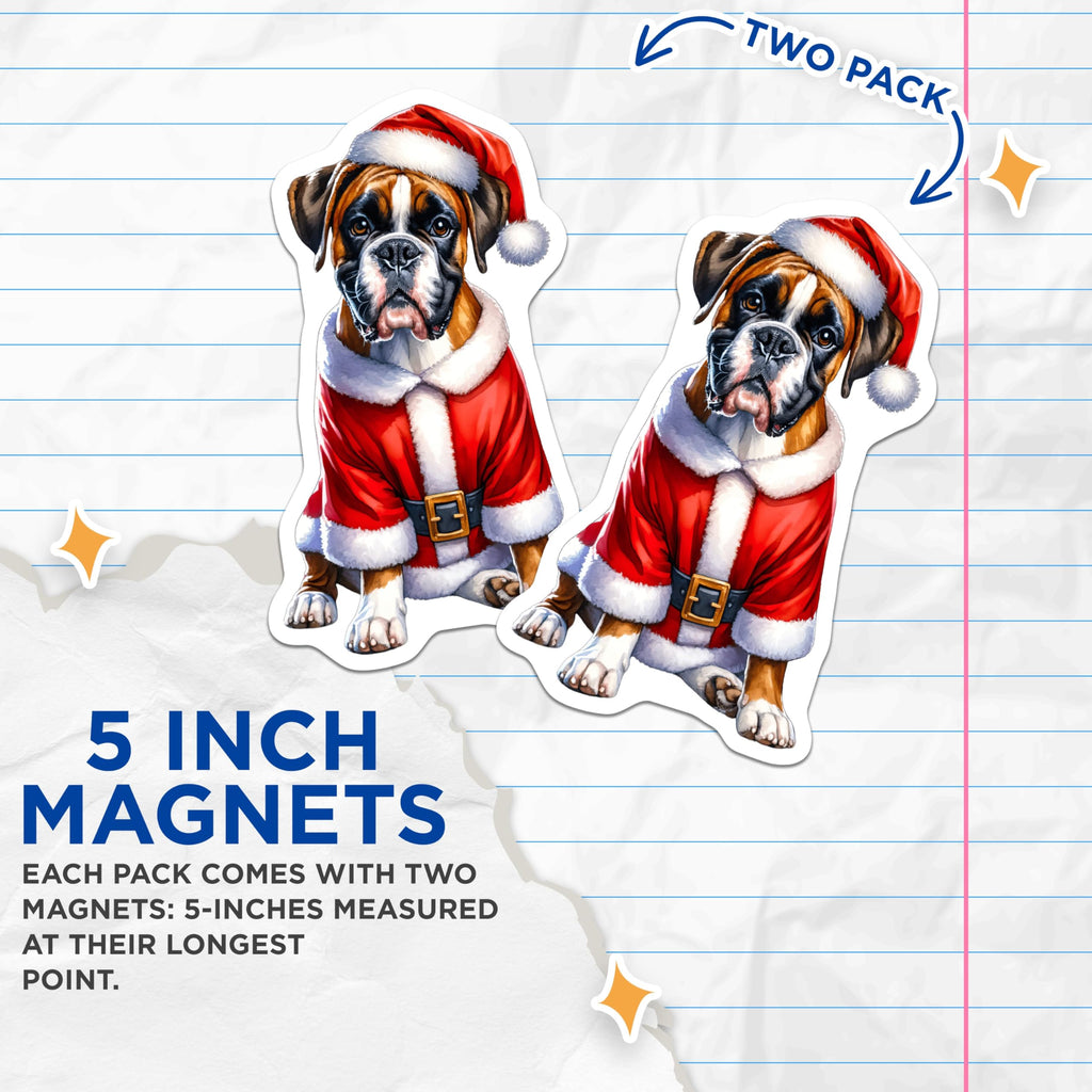 (2 Pack) Christmas Boxer Dog Magnets - Santa Pet Holiday Decor - Cute Animal Refrigerator Decor - Dog Lover Holiday Accents - 5 Inches On Longest Side - Thick Durable Magnet - Made in USA - MAG25025