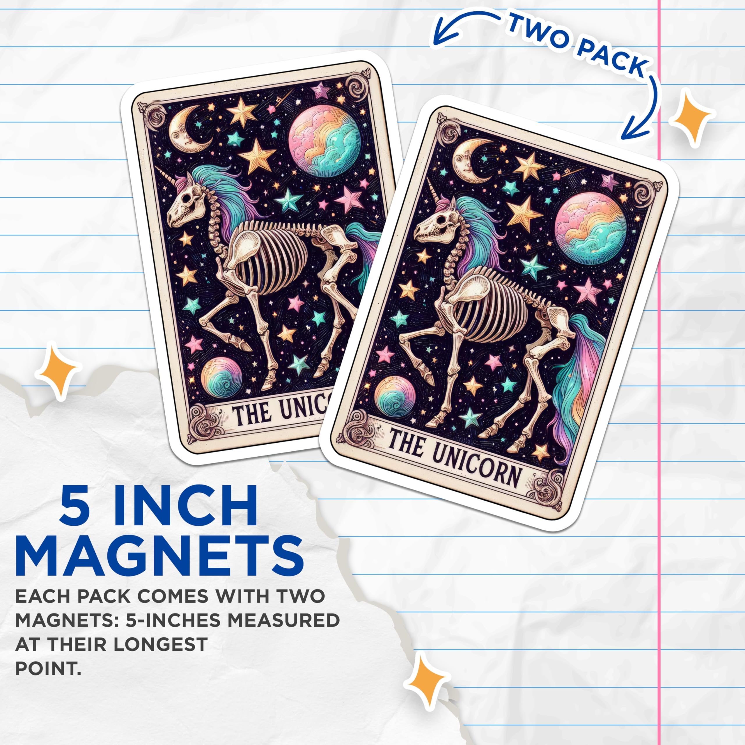 (2 Pack) Unicorn Skeleton Magnets - Mystic Tarot Card Art - Celestial Gothic Decor - Rainbow Mane Fantasy Creature Mythical - 5 Inches On Longest Side - Thick Durable Magnet - Made in USA - MAG20584