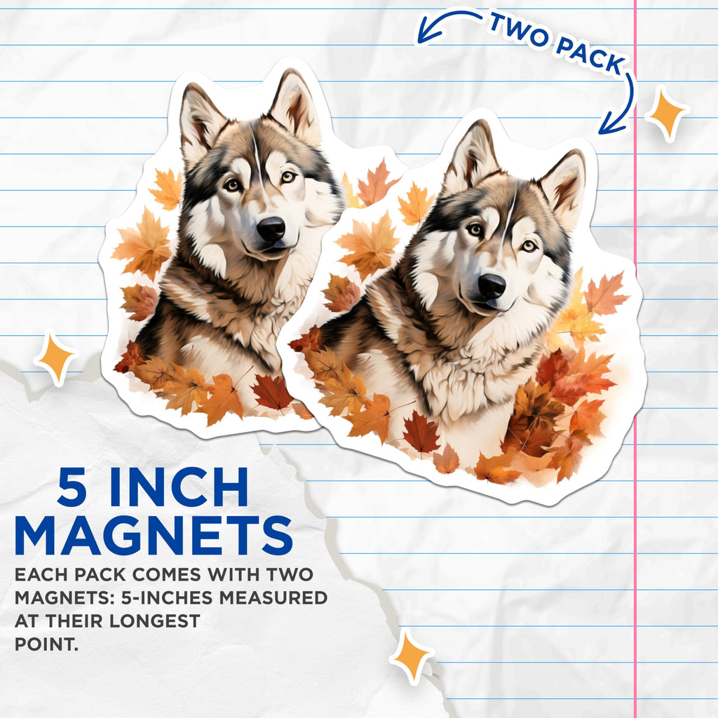 (2 Pack) Husky Dog Magnets - Autumn Fall Leaves Decor - Woodland Animal Art for Refrigerator - 5 Inches On Longest Side - Thick Durable Magnet - Made in USA - MAG26023
