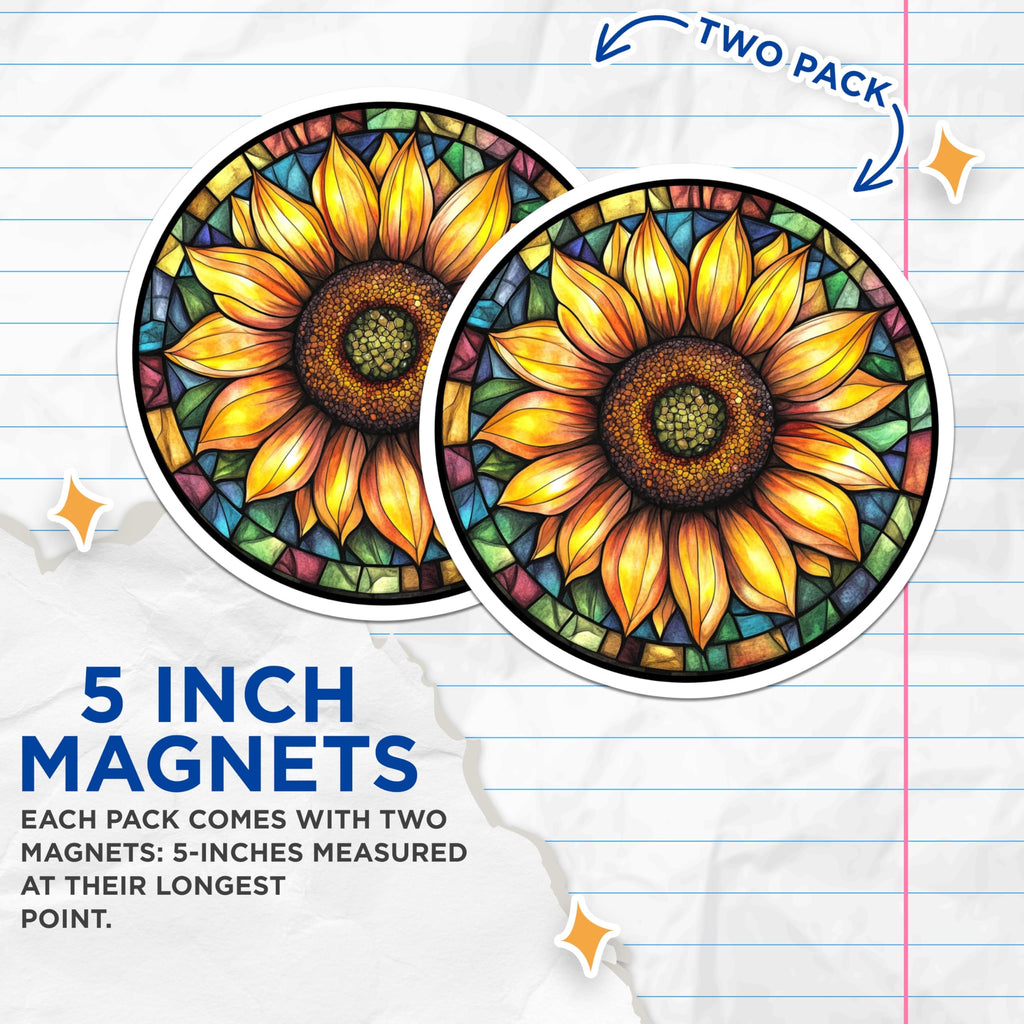 (2 Pack) Sunflower Stained Glass Magnets - Vibrant Mosaic Art - Bohemian Kitchen Decor - 5 Inches On Longest Side - Thick Durable Magnet - Made in USA - MAG29052