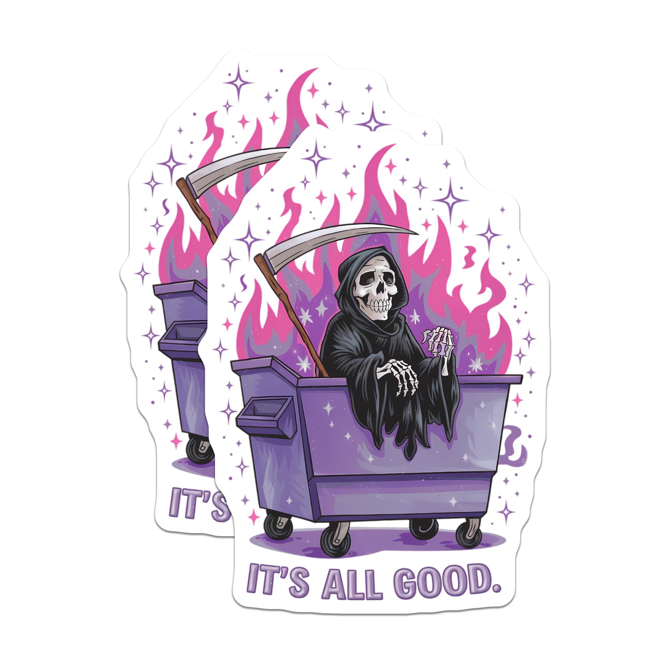 (2 Pack) Grim Reaper Dumpster Fire Stickers - Its All Good Meme - Goth Aesthetic Decal - 5" On Longest Side - Sticks to Smooth Flat Surfaces - Made in USA - BMCS20720