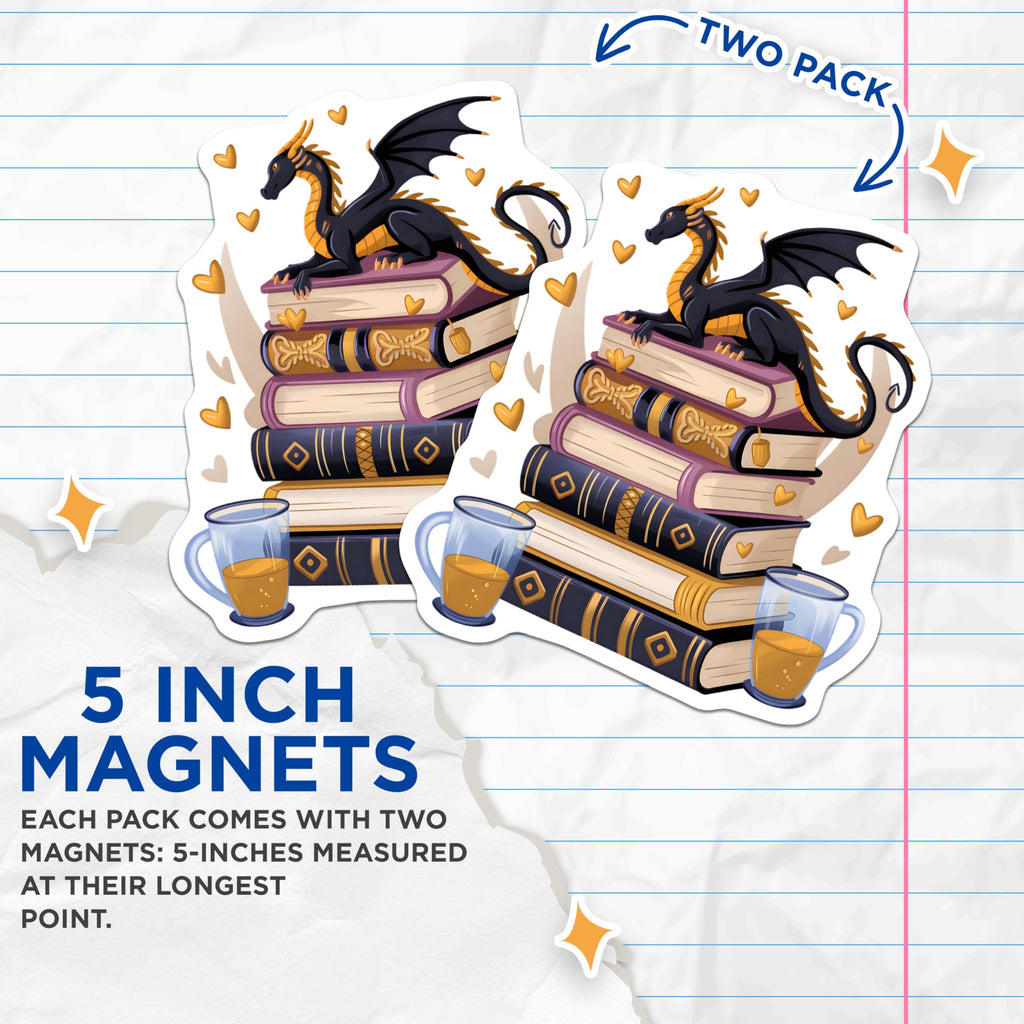 (2 Pack) Dragon Book Lover Magnets - Fantasy Reading Decor - Cozy Library Aesthetic Artwork - Mythical Creature Art Magnets - 5 Inches On Longest Side - Thick Durable Magnet - Made in USA - MAG22416