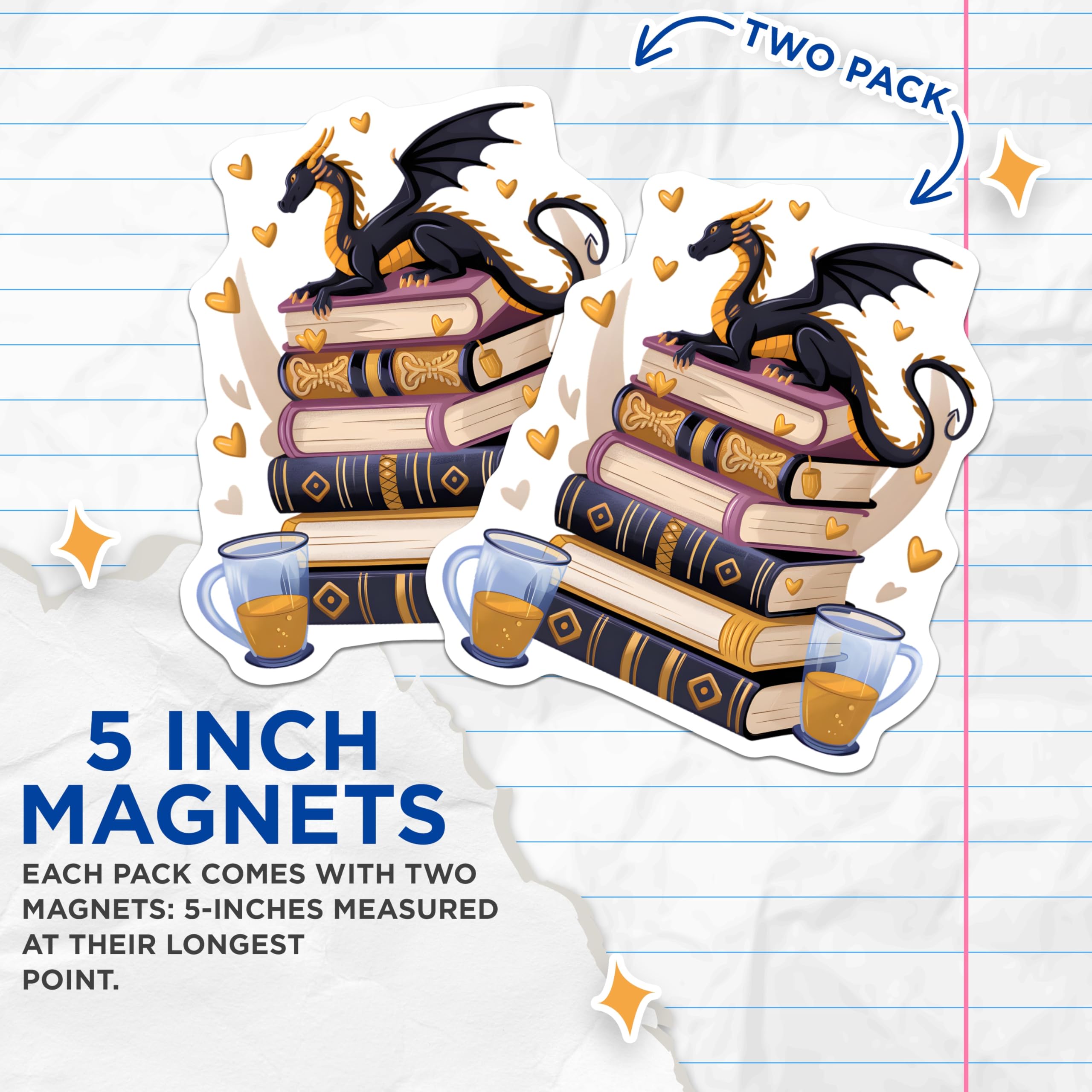 (2 Pack) Dragon Book Lover Magnets - Fantasy Reading Decor - Cozy Library Aesthetic Artwork - Mythical Creature Art Magnets - 5 Inches On Longest Side - Thick Durable Magnet - Made in USA - MAG22416