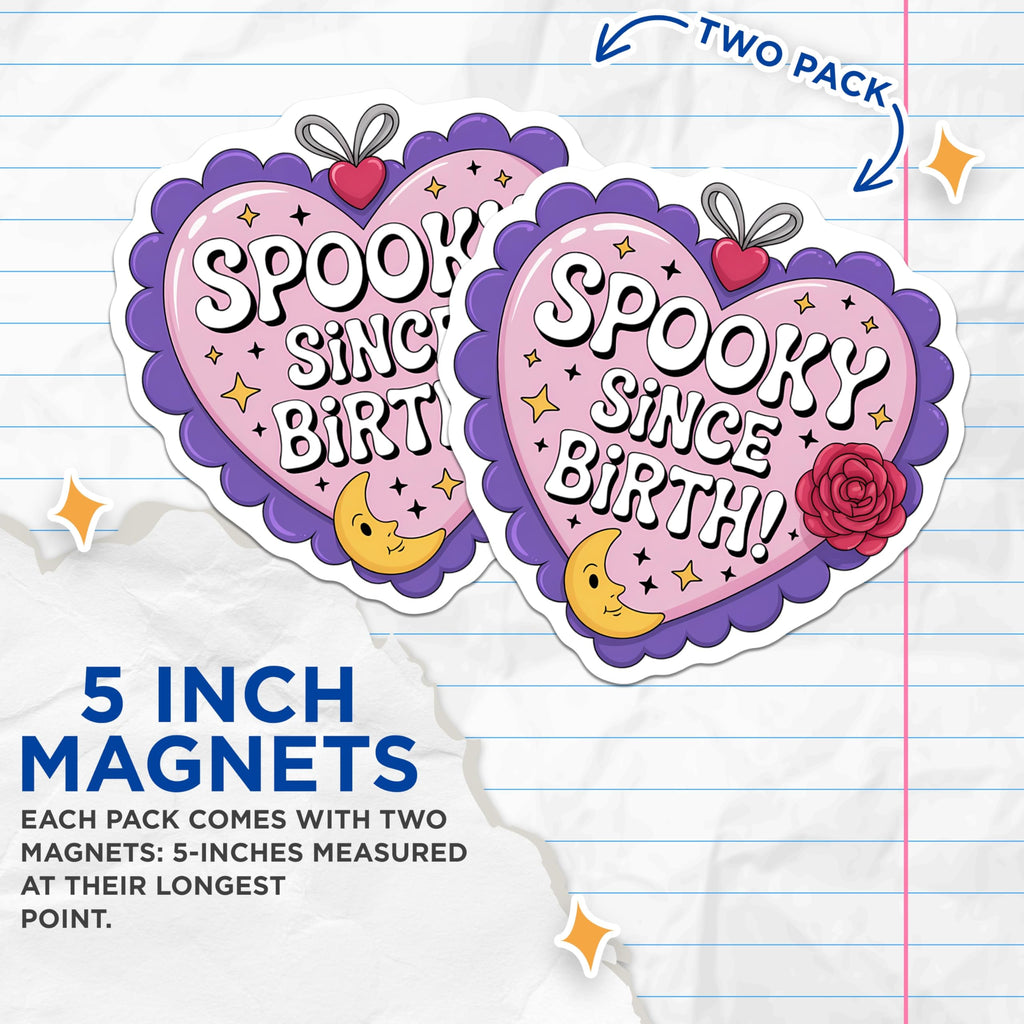 (2 Pack) Spooky Since Birth Magnets - Pastel Goth Decor - Witchy Aesthetic Fridge Magnet - Cute Horror Kitchen Accessory - 5 Inches On Longest Side - Thick Durable Magnet - Made in USA - MAG20528