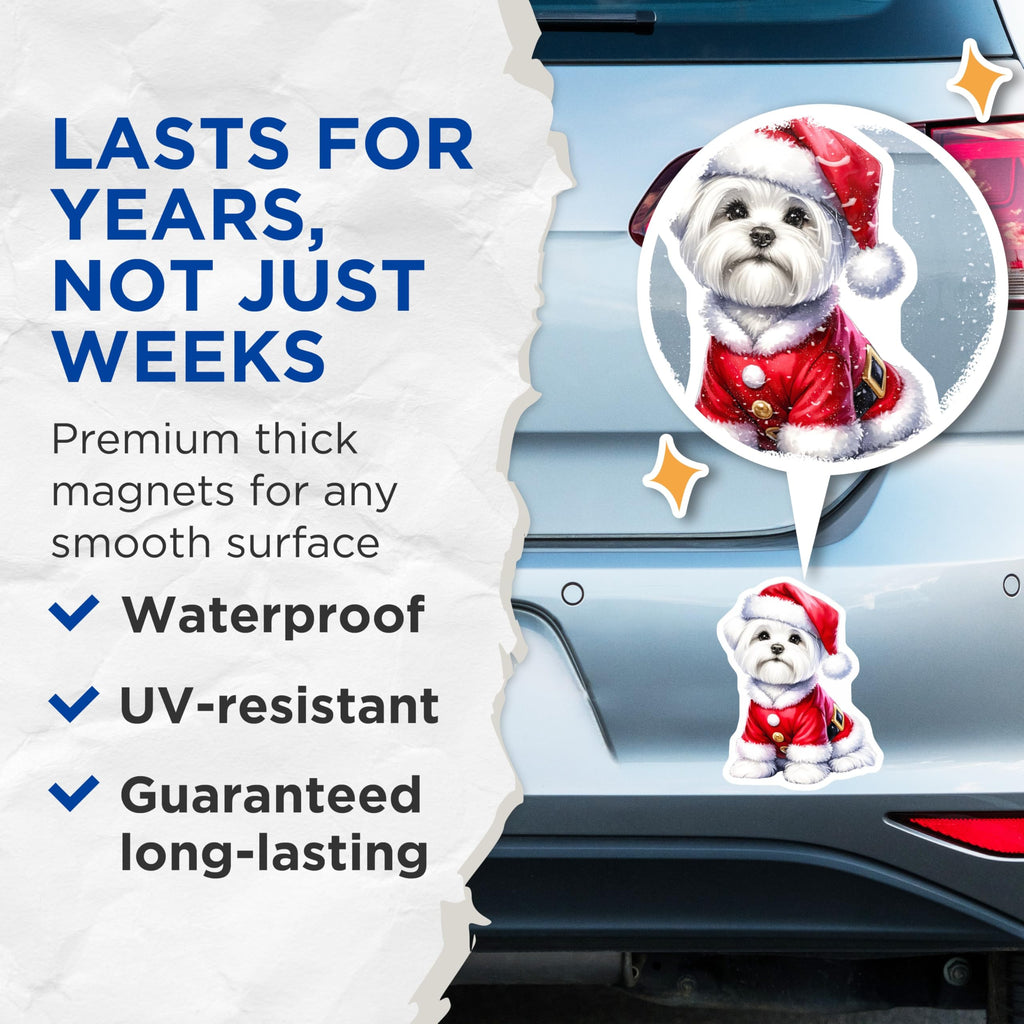 (2 Pack) Christmas Dog Magnets - Santa Maltese Decor - Holiday Pet Accessory - 5 Inches On Longest Side - Thick Durable Magnet - Made in USA - MAG26771
