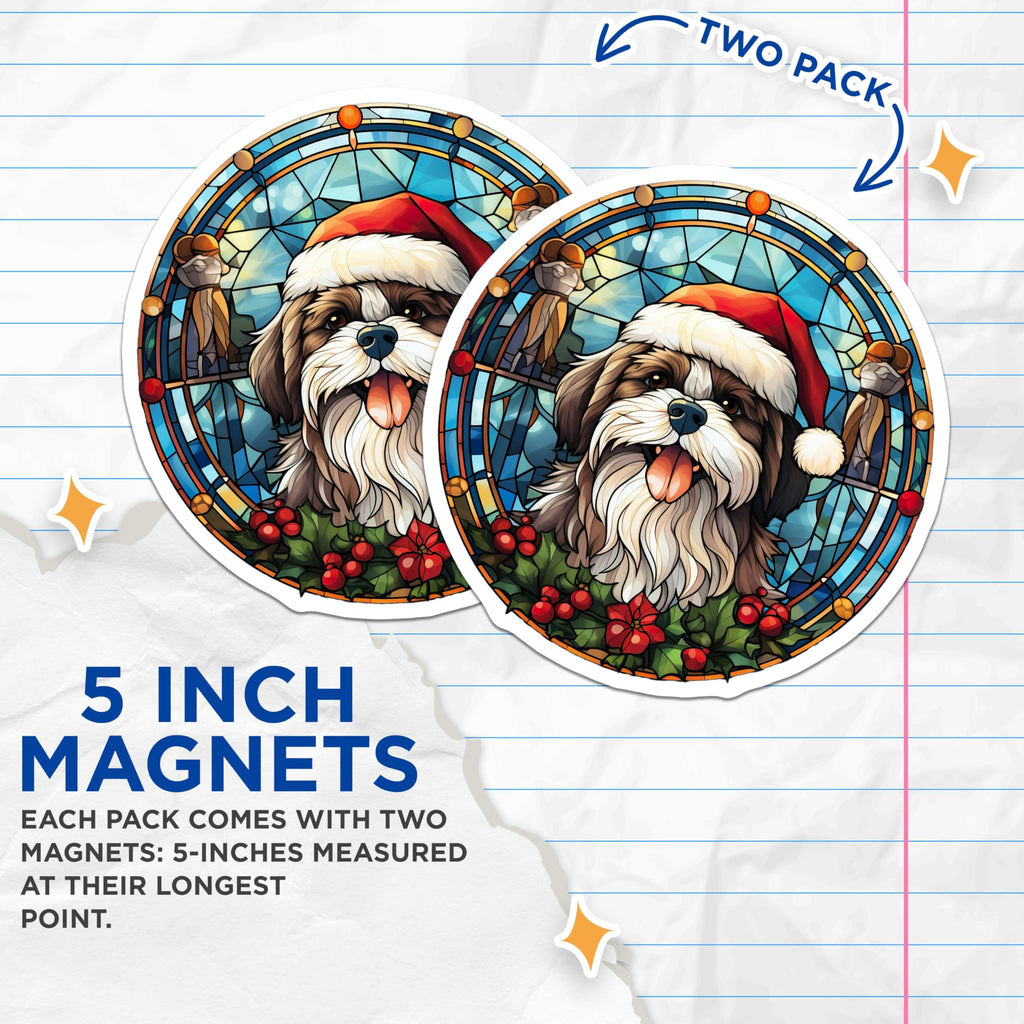 (2 Pack) Shih Tzu Christmas Magnets - Stained Glass Dog - Holiday Pet Decor - 5 Inches On Longest Side - Thick Durable Magnet - Made in USA - MAG24239
