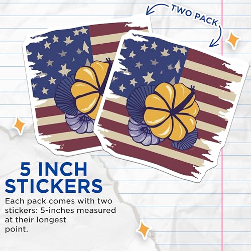 (2 Pack) Fall Pumpkin Stickers - American Flag - Autumn Decorations - 5" On Longest Side - Sticks to Smooth Flat Surfaces - Made in USA - BMCS8981