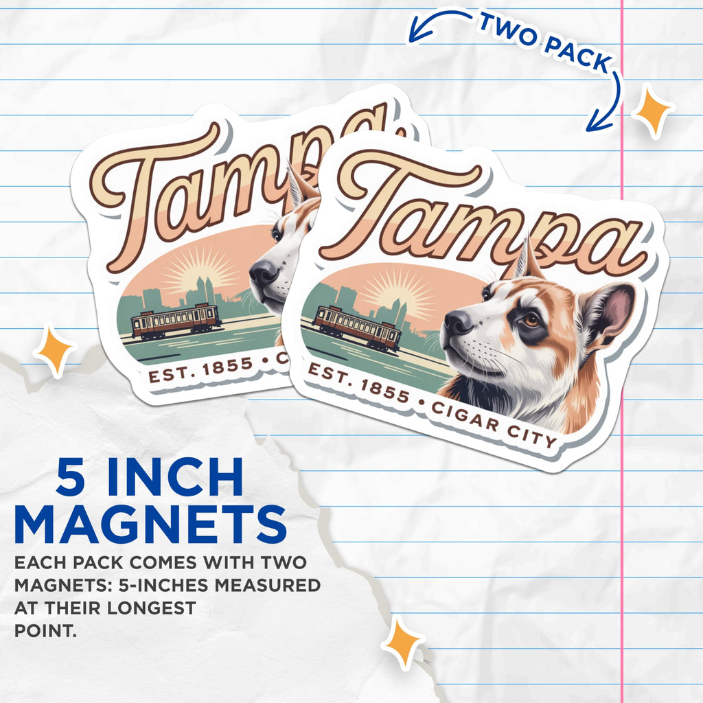 (2 Pack) Tampa Magnets - Corgi Dog Art - Cigar City Florida Travel Decor - 5" On Longest Side - Premium Magnet - for Cars, Refrigerators, Toolboxes, Lockers - Made in USA - MAG18754