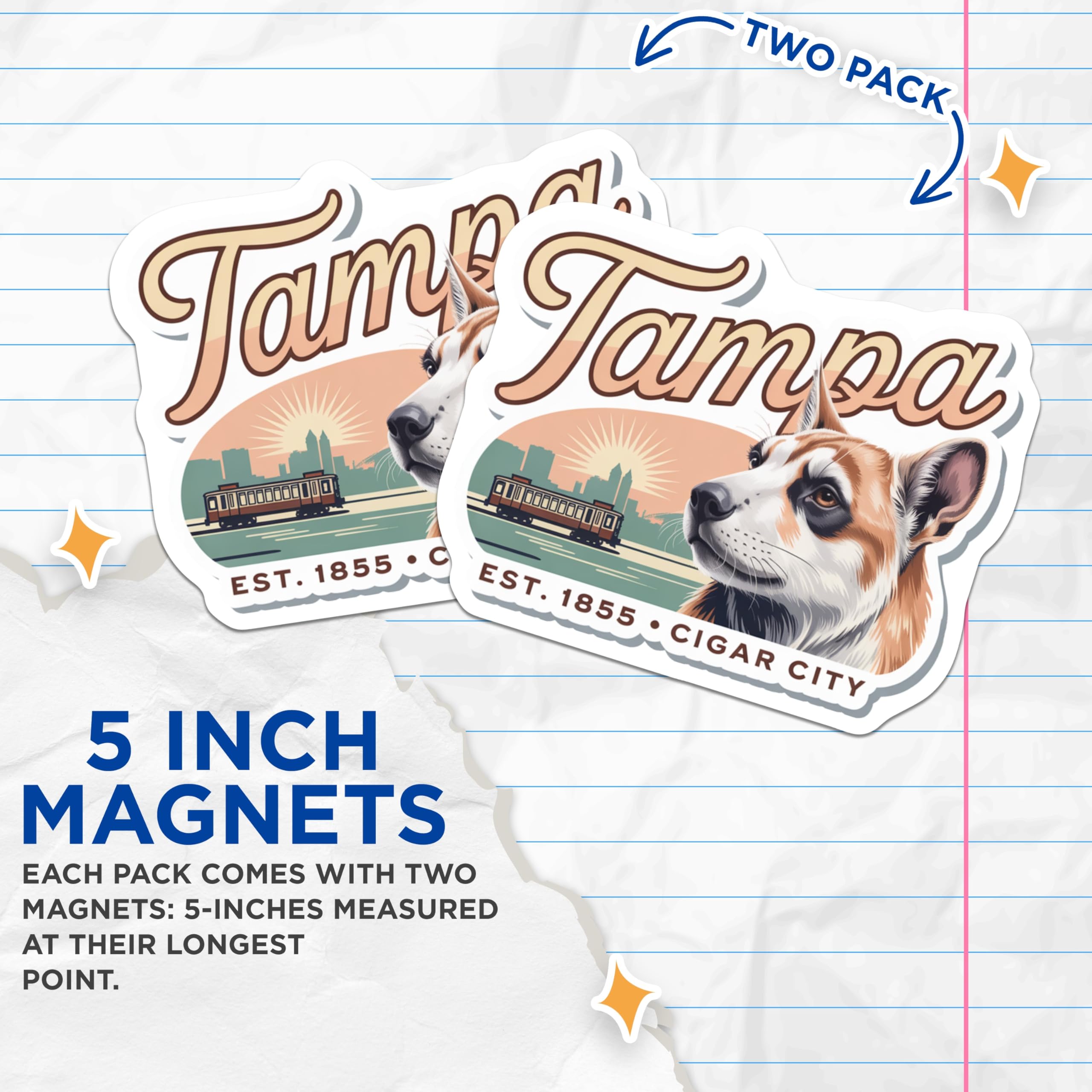 (2 Pack) Tampa Magnets - Corgi Dog Art - Cigar City Florida Travel Decor - 5" On Longest Side - Premium Magnet - for Cars, Refrigerators, Toolboxes, Lockers - Made in USA - MAG18754