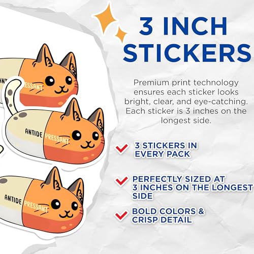 (3 Pack) Antidepressant Cat Decals - Pill Shaped - Funny Kitty Sticker - 3 Inches On Longest Side - Easy Peel & Apply - Made in USA - 3MCS6583