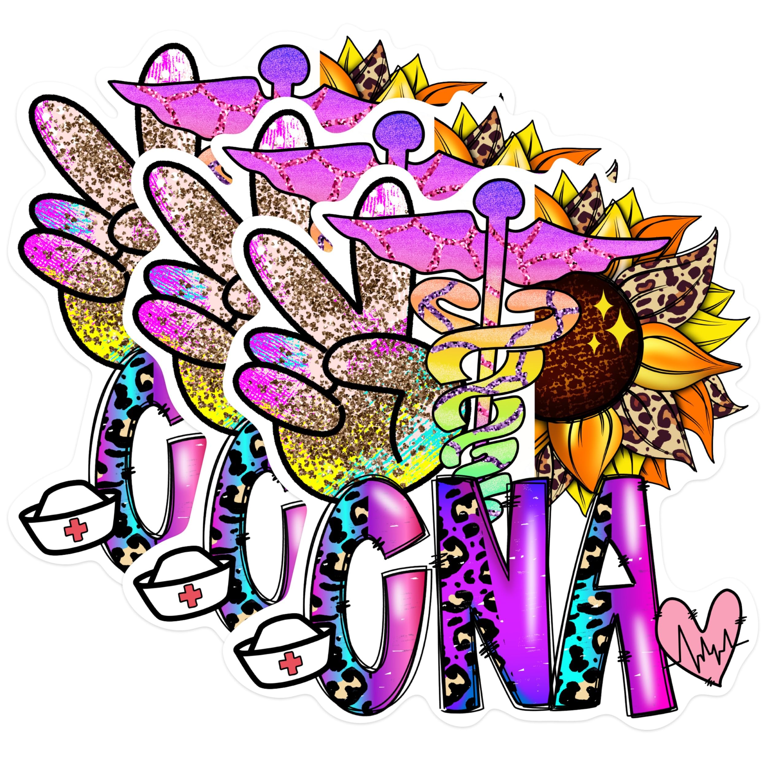 (3 Pack) CNA Peace Love Sunflower Decals - Leopard Print - Nurse Heartbeat Decal - 3 Inches On Longest Side - Easy Peel & Apply - Made in USA - 3MCS0287