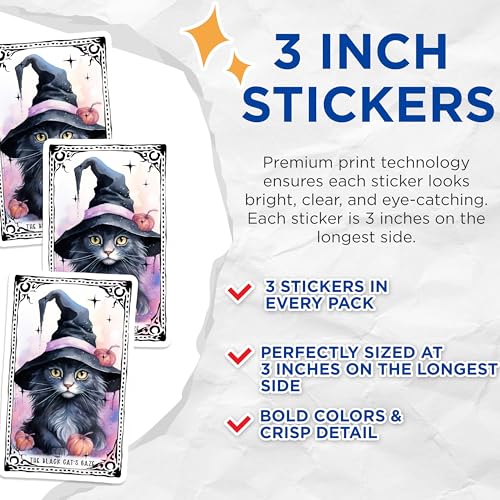 (3 Pack) Witch Cat Decals - Halloween Kitten - Spooky Decal Stickers - 3 Inches On Longest Side - Easy Peel & Apply - Made in USA - 3MCS2365