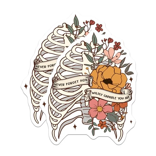 (2 Pack) Motivational Rib Cage Stickers - Floral Skeleton Art - Affirmation Sticker - Positive Message Decal - 5" On Longest Side - Sticks to Smooth Flat Surfaces - Made in USA - BMCS6438