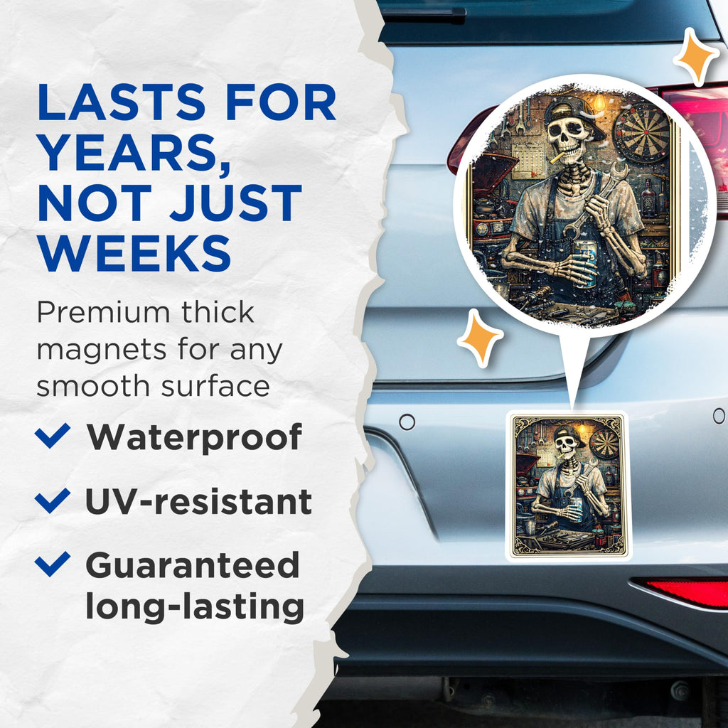 (2 Pack) Skeleton Mechanic Magnets - Garage Art - Tool Guy Decor - 5" On Longest Side - Premium Magnet - for Cars, Refrigerators, Toolboxes, Lockers - Made in USA - MAG16074