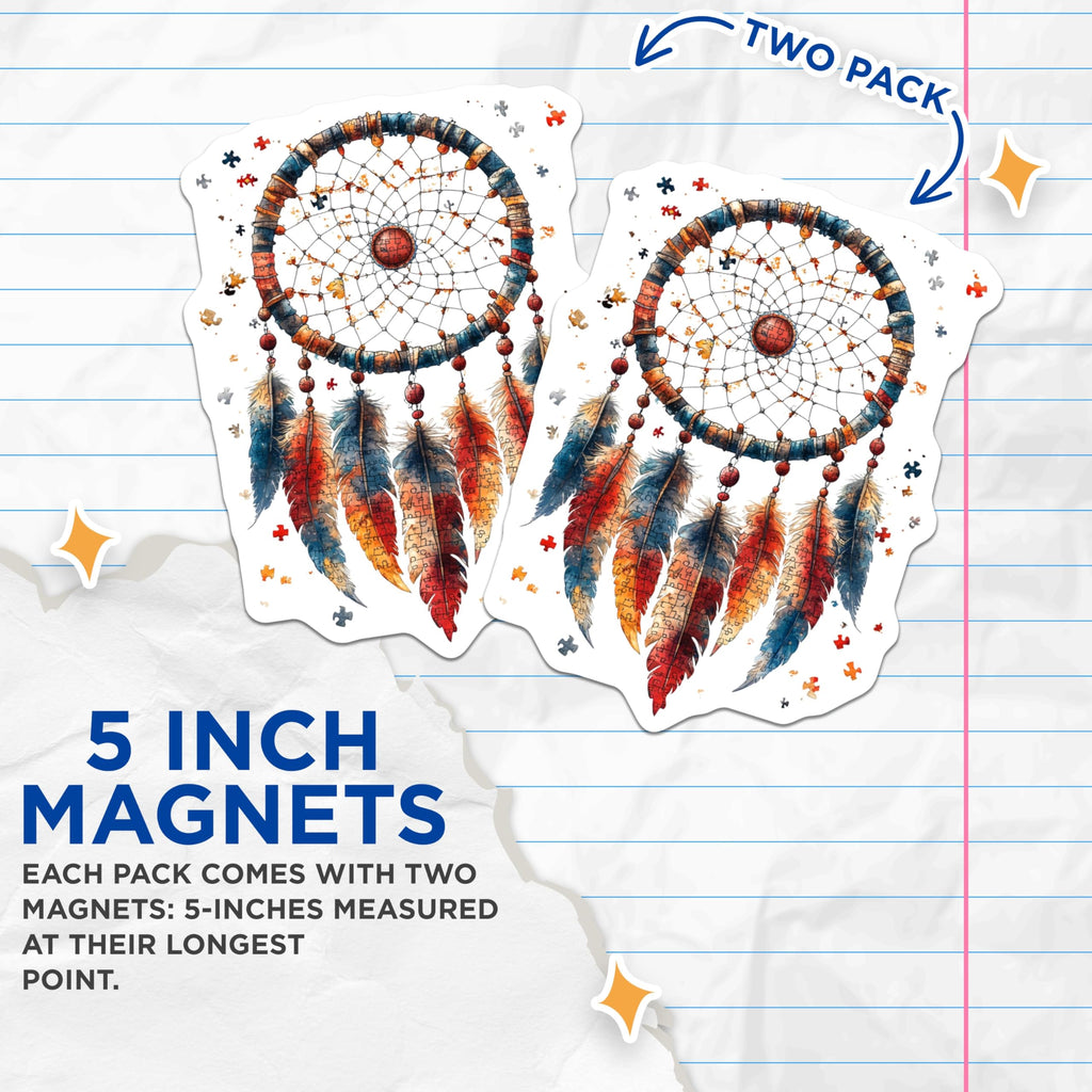 (2 Pack) Dreamcatcher Magnets - Vibrant Watercolor Puzzle Art - Bohemian Native Feather Design - Spiritual Home Decor Accent - 5 Inches On Longest Side - Thick Durable Magnet - Made in USA - MAG23818