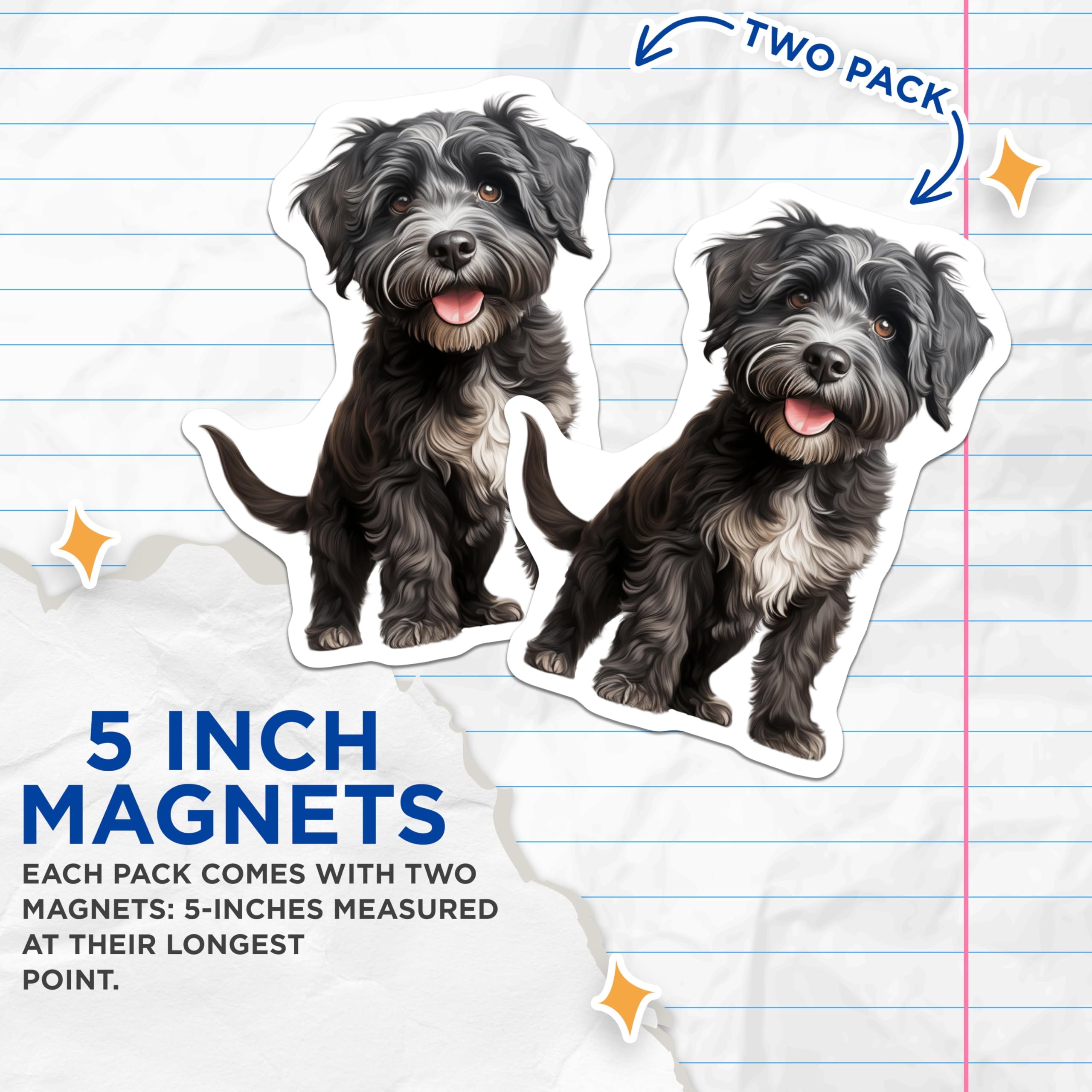 (2 Pack) Cute Fluffy Dog Magnets - Adorable Puppy Pet Portrait Magnets - Black White Animal Lover Fridge Decor for Dog Owners - 5 Inches On Longest Side - Thick Durable Magnet - Made in USA - MAG29728