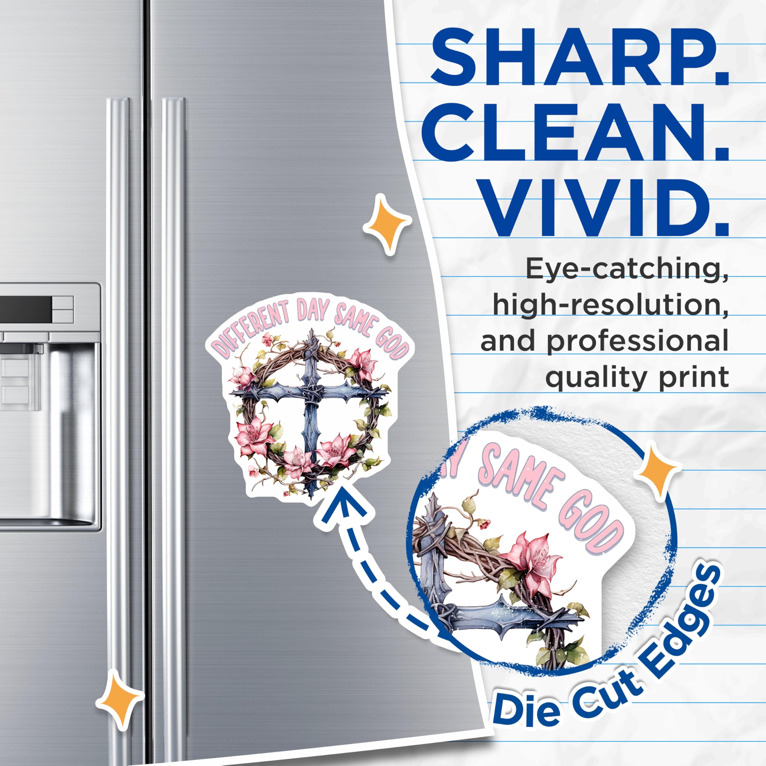 (2 Pack) Different Day Same God Magnets - Christian Cross Floral Design - Faith Based Decor - Inspirational Reminders - 5 Inches On Longest Side - Thick Durable Magnet - Made in USA - MAG24273