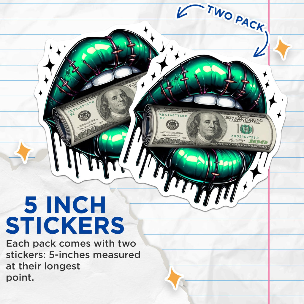 (2 Pack) Money Lips Stickers - Modern Lip Art Design - Trendy Aesthetic Stickers - 5" On Longest Side - Sticks to Smooth Flat Surfaces - Made in USA - BMCS4564