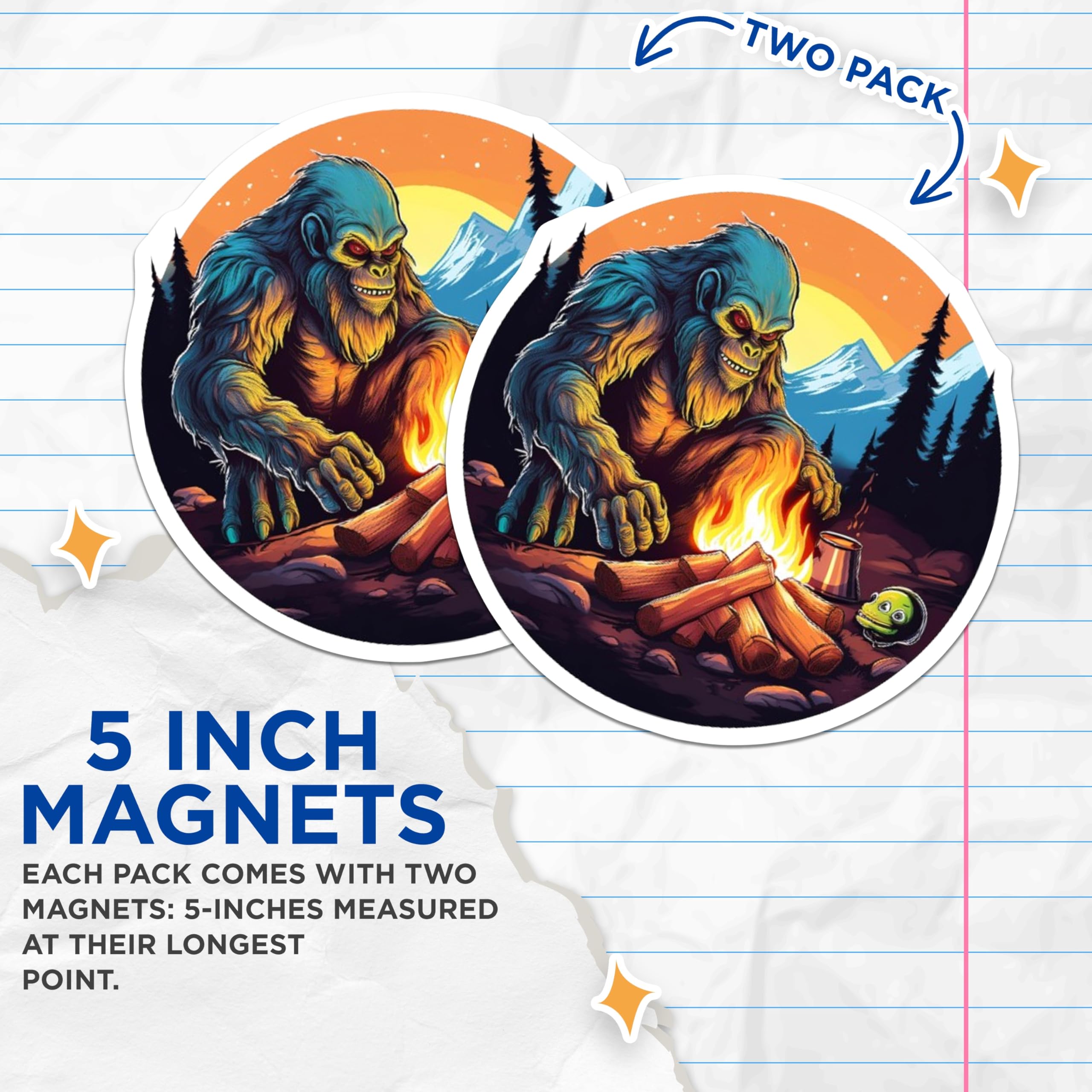 (2 Pack) Bigfoot Magnets - Sasquatch Campfire Art - Cryptid Outdoors Decoration - Mythical Creature Lore Collectible - 5 Inches On Longest Side - Thick Durable Magnet - Made in USA - MAG22034