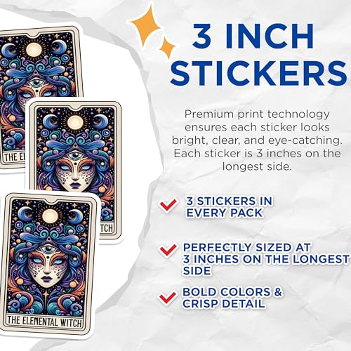 (3 Pack) Elemental Witch Decals - Tarot Card - Laptop Decals - Magical Witch - Bohemian Stickers - 3 Inches On Longest Side - Easy Peel & Apply - Made in USA - 3MCS4167