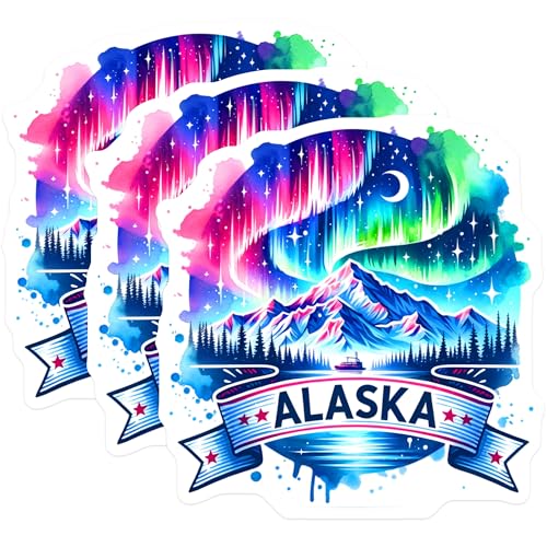 (3 Pack) Alaska Decals - Northern Lights - Mountain Landscape Sticker- 3 Inches On Longest Side - Easy Peel & Apply - Made in USA - 3MCS5212