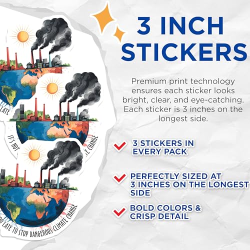 (3 Pack) Climate Change Decals - Earth Laptop Decal - Environmentalist Stickers - 3 Inches On Longest Side - Easy Peel & Apply - Made in USA - 3MCS6451