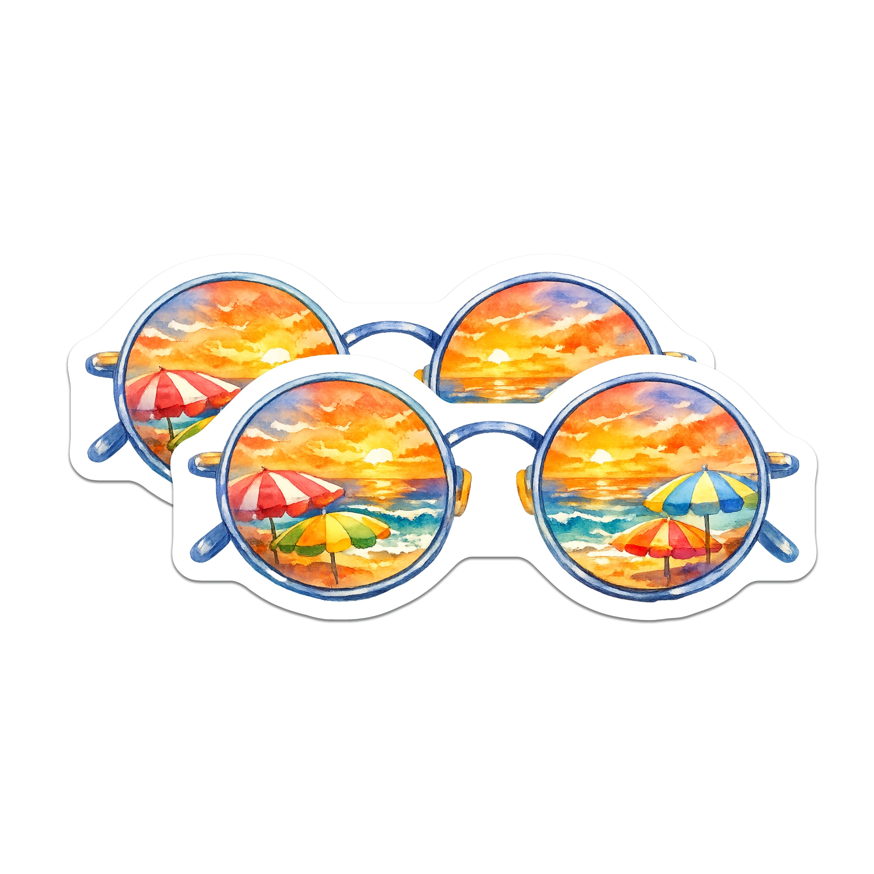(2 Pack) Beach Sunset Sunglasses Magnets - Watercolor Vacation Scene - Summer Travel Vibes Fridge Decor - 5 Inches On Longest Side - Thick Durable Magnet - Made in USA - MAG36610