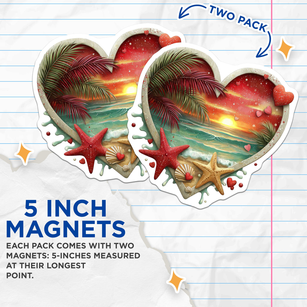 (2 Pack) Beach Sunset Heart Magnets - Romantic Ocean View Refrigerator Decor - Valentine's Day Anniversary Lover Aesthetic - 5 Inches On Longest Side - Thick Durable Magnet - Made in USA - MAG36614