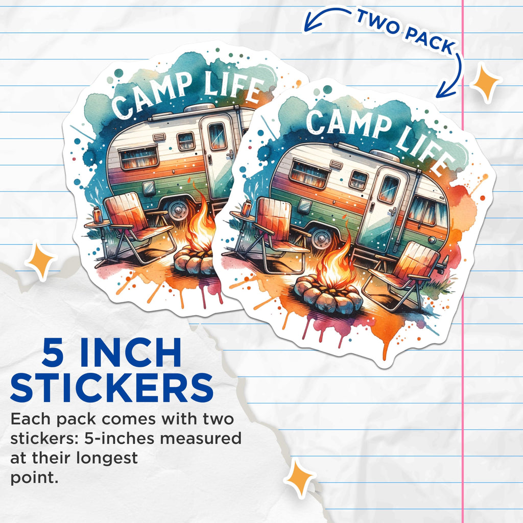 (2 Pack) Camp Life Stickers - Camping Adventure - Vintage Camper Designs - Outdoor Enthusiast Decals - 5" On Longest Side - Sticks to Smooth Flat Surfaces - Made in USA - BMCS6841