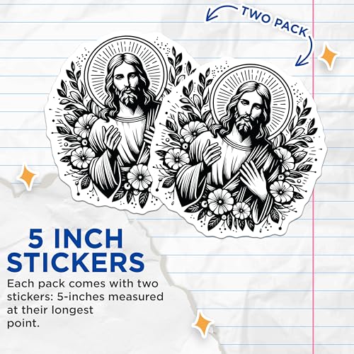 (2 Pack) Jesus Christ Sacred Art Stickers - Religious Car Decal - Inspirational Christian Laptop Sticker - 5" On Longest Side - Sticks to Smooth Flat Surfaces - Made in USA - BMCS7327