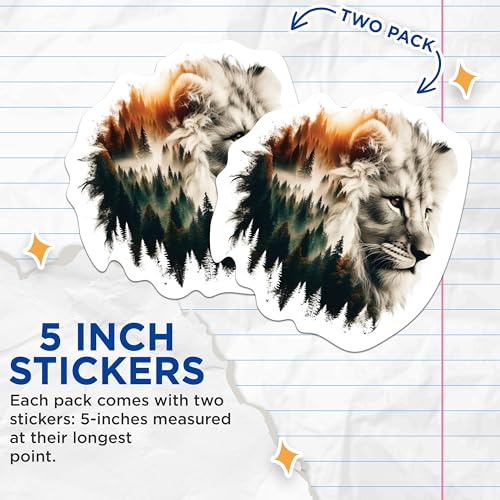 (2 Packs) Lion With Forest Background Stickers - Cool Lion Wilderness Nature Animal Decals - 5 Inches On Longest Side - Premium Vinyl Decal - Sticks To Any Smooth Flat Surface - Made In USA - BMCS2268