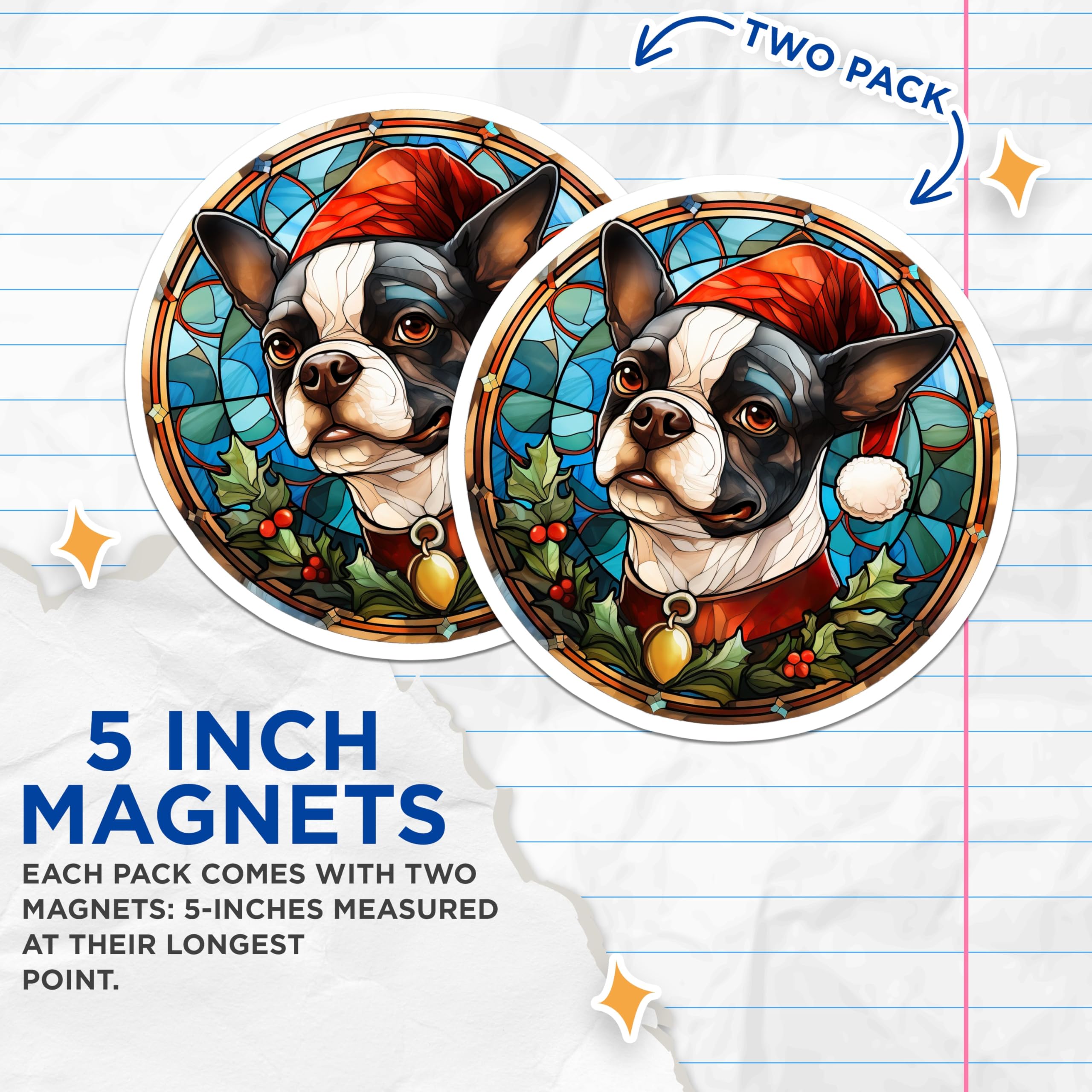(2 Pack) Boston Terrier Christmas Dog Magnets - Stained Glass Pet Holiday Art - Refrigerator Decor - 5 Inches On Longest Side - Thick Durable Magnet - Made in USA - MAG29541