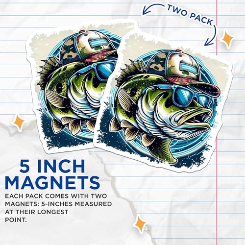 (2 Pack) Cool Bass Fish Magnets Magnets - Fishing Enthusiast Decor - Novelty Fish Accessories - 5" On Longest Side - Made in USA - Sticks to Refrigerators & Metal Surfaces - MAG8594