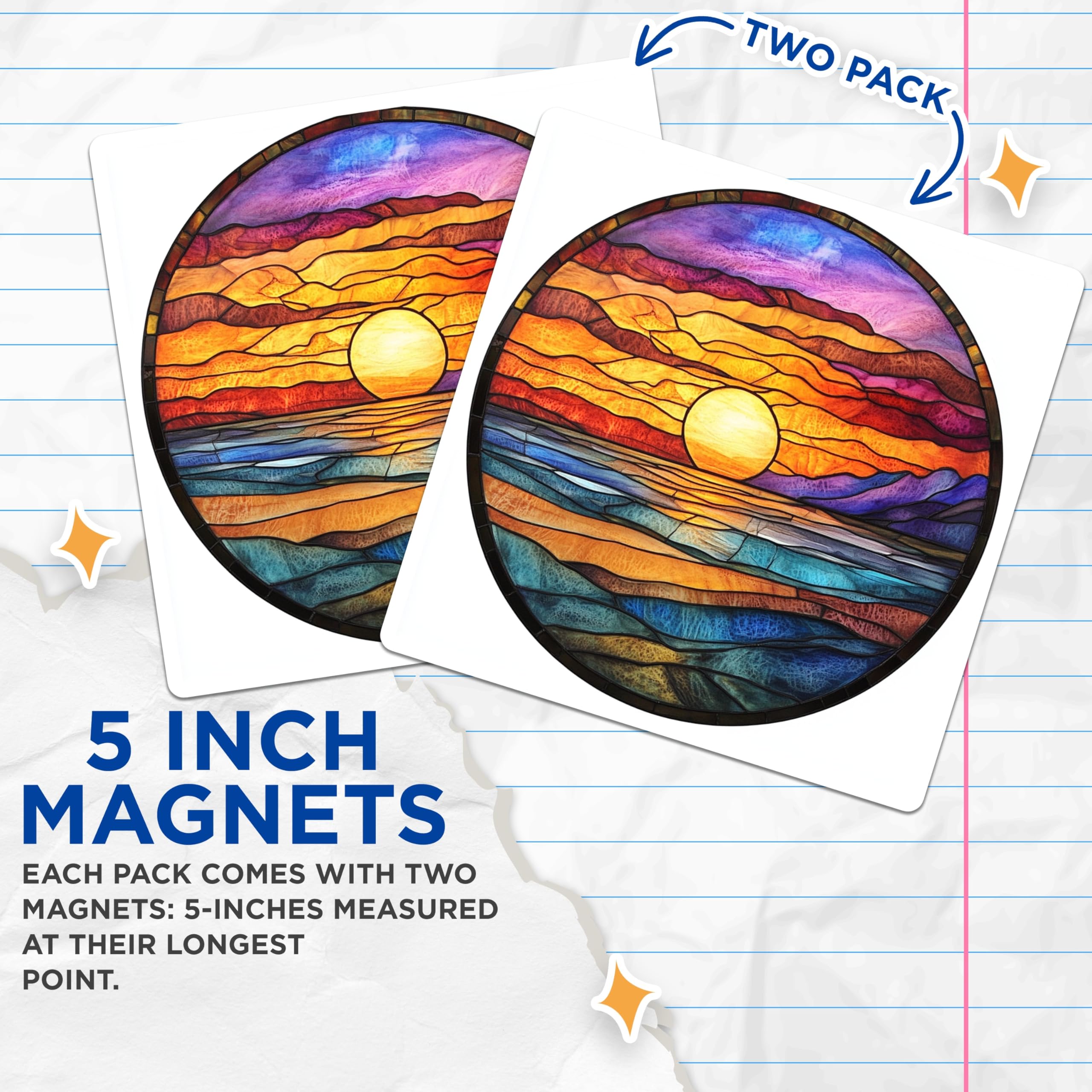 (2 Pack) Stained Glass Sunset Magnets - Ocean Mountain Art - Vibrant Landscape Decor - 5 Inches On Longest Side - Thick Durable Magnet - Made in USA - MAG24891