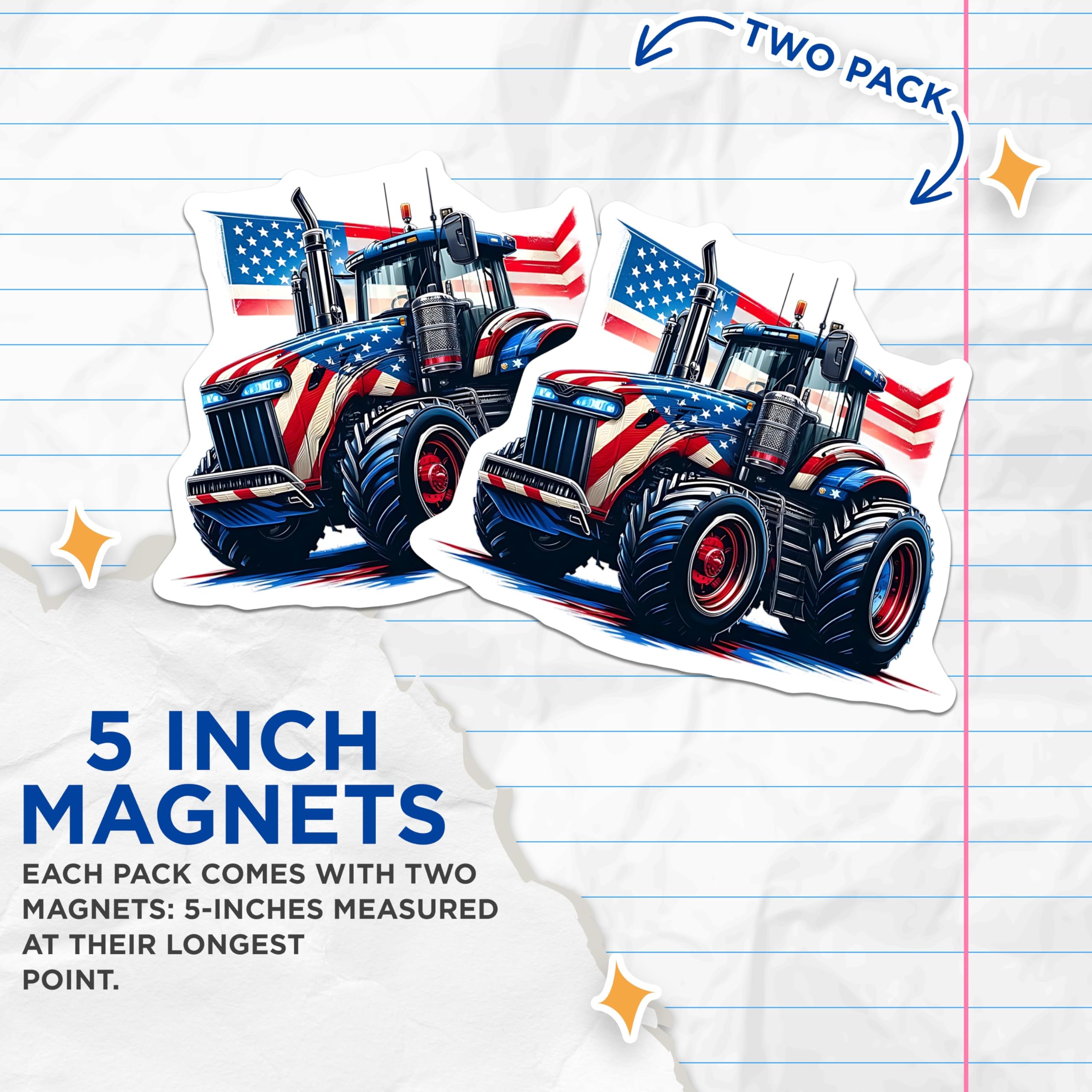 (2 Pack) Tractor Magnets - American Flag Farm Equipment - Patriotic Vehicle Decor - 5" On Longest Side - Premium Magnet - for Cars, Refrigerators, Toolboxes, Lockers - Made in USA - MAG14479
