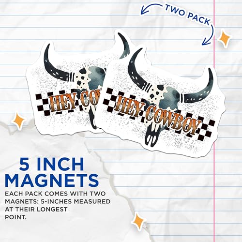 (2 Pack) Hey Cowboy Skull Magnets - Western Decor Magnets - Bull Skull Art Magnets - 5" On Longest Side - for Cars, Refrigerators, Toolboxes, Lockers - Made in USA BMCS3155