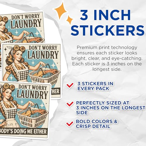 (3 Pack) Laundry Decals - Pinup Girl Decal - Retro Housewife Decal - 3 Inches On Longest Side - Easy Peel & Apply - Made in USA - 3MCS1031