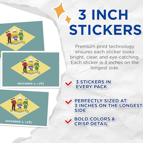 (3 Pack) Delaware State Flag Decals - Laptop Decals - US State Flags - 3 Inches On Longest Side - Easy Peel & Apply - Made in USA - 3MCS0180